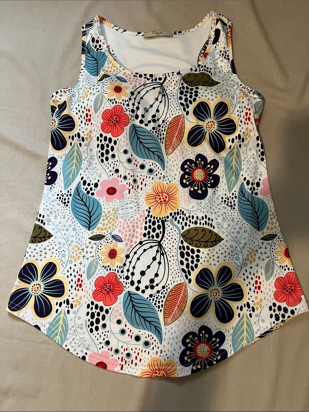 Cestyle White Scoop Neck Tank Top with Printed Trim